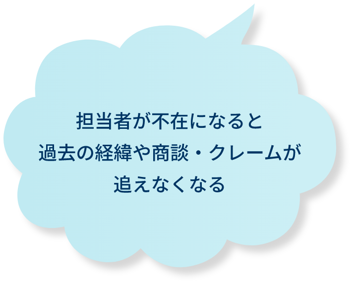 担当者が不在になると過去の経緯や商談・クレームが追えなくなる
